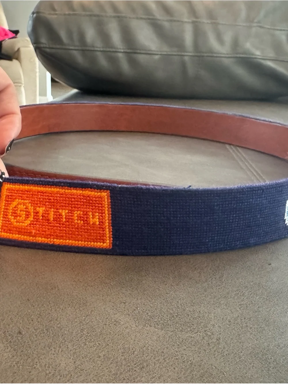 Men’s 44 belt stitched stitchNavy Embroidered Men’s Belt with Brown Leather Trim